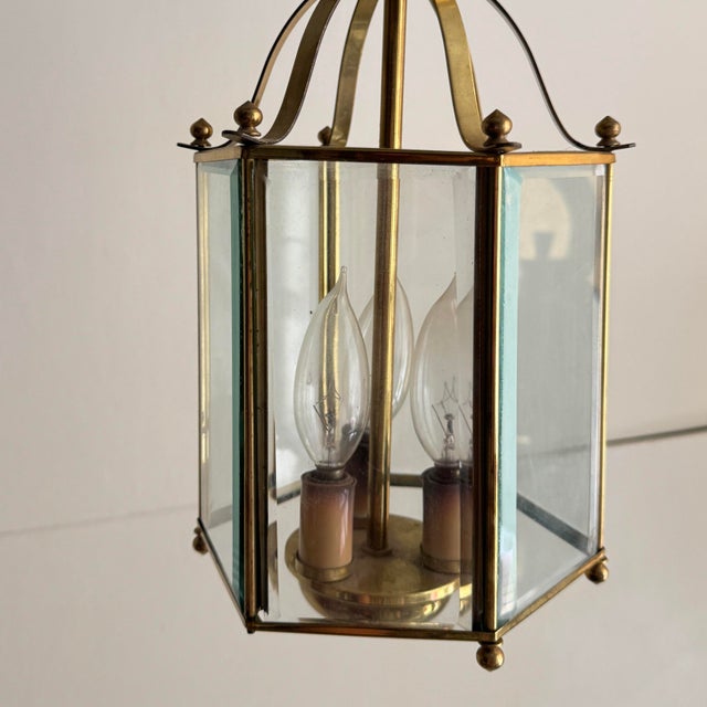 1980s Hexagonal Beveled Glass Brass Lantern, Flush Mount For Sale - Image 5 of 9