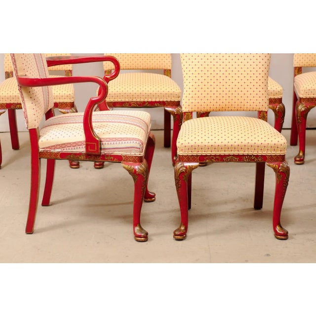A vintage American set of eight dining chairs with hand-painted chinoiserie. This set of chairs, which consist of 2...