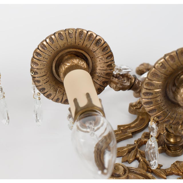 Metal 1950s Spanish Rococo Sand-Cast Brass 3-Light Sconces With Crystals - A Pair For Sale - Image 7 of 12