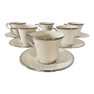 1990s Lenox Bone China Ivory & Platinum Teacups and Saucers, American Classic Set