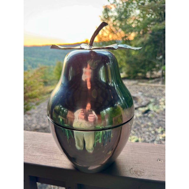 Vintage MCM Sculptural Pear Ice Bucket 14” Silver Tone 1970s Barware 3 Leaf For Sale - Image 4 of 15