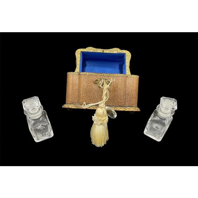 Antique Traveling Perfume Bottle in Leather Bound Ornate Case and Blue Velvet, 1800s For Sale - Image 10 of 12