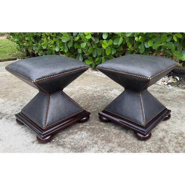 Baker Furniture Company Vintage Baker Leather Hourglass Footstools With Nailhead Trim, Pair For Sale - Image 4 of 13
