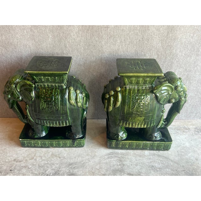 Pair of large Mid Century Style green glazed ceramic elephant plant stands or garden stools. Large size —measure...