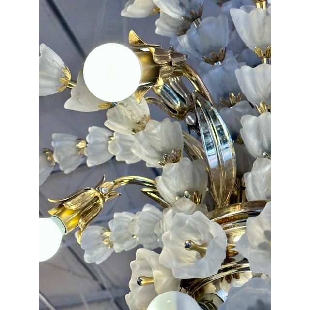Brass France 1970's Frosted Glass Canterbury Bells Bulbs Chandelier For Sale - Image 8 of 8