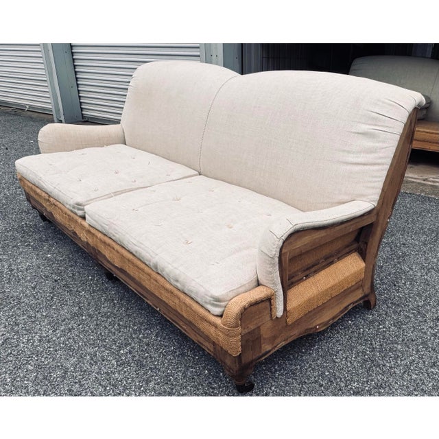 English Deconstructed English Roll Arm Solid Wood and Begin Linen Sofa From Retired Restoration Hawrdware Collection For Sale - Image 3 of 5
