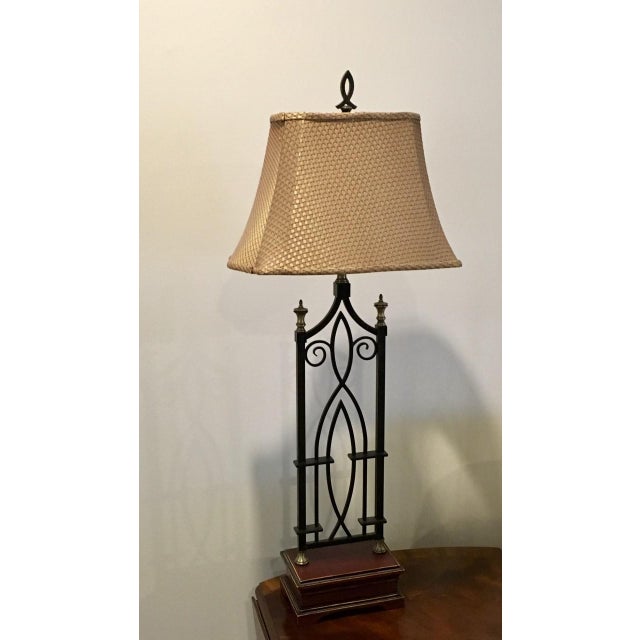 Iron With Wood Base Table Lamp With Gold And Burgundy Weave Shade