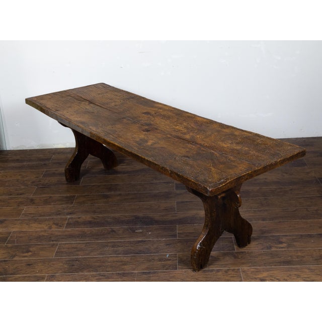 Early 19th Century Italian 1800s Walnut Farm Table with Carved Legs, Stretcher and Weathered Patina For Sale - Image 5 of 12