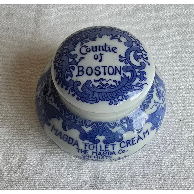 19th Century Antique Rare Magda Toilet Cream Porcelain Jar Blue & White the Magda Co Chemists Chicago For Sale - Image 5 of 8