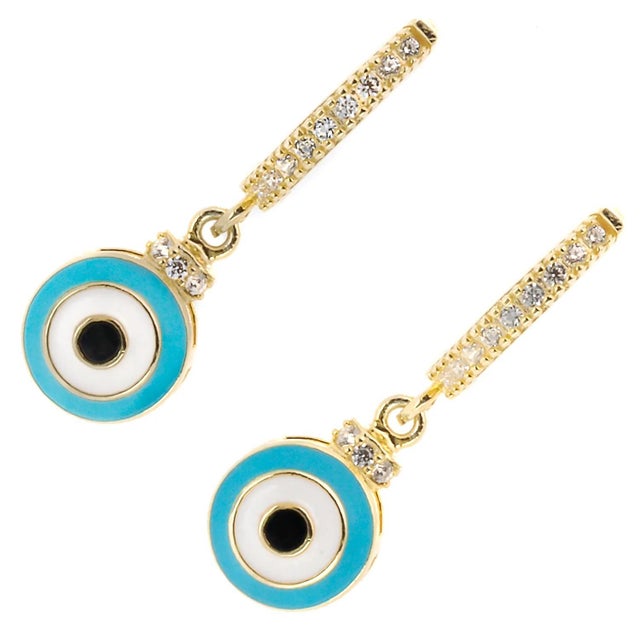 Early 21st Century Turquoise Enamel Diamond Hoop Evil Eye Earrings, A Pair For Sale - Image 5 of 9