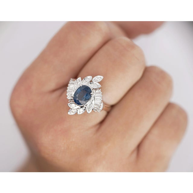 Blue Natural 1.52 Carat Oval Blue Sapphire and Diamond Platinum Floral Ring For Sale - Image 8 of 9