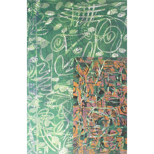 A 2006 monoprint by the American artist Ed Funk (1953-2013). This work depicts a green patterned background with the lower...