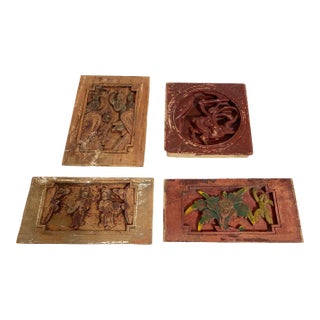 Set of Four Antique Chinese Wall Hanging Plaques Panels /W Figures Warriors For Sale
