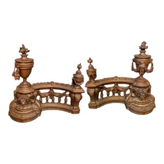 Antique French Louis XV Pair Gilt Bronze Lion Fireplace Decorative Chenets / Andirons For Sale