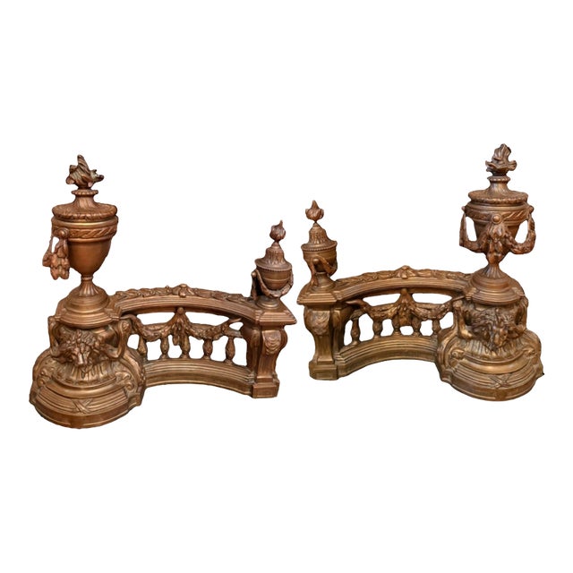 Antique French Louis XV Pair Gilt Bronze Lion Fireplace Decorative Chenets / Andirons For Sale