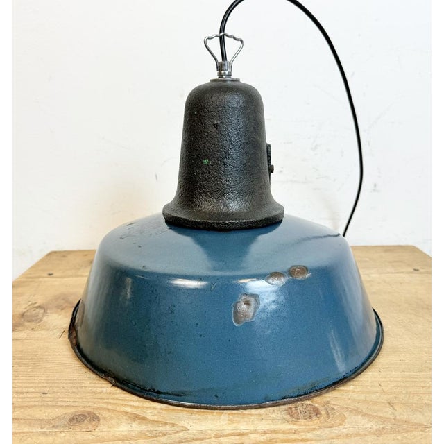 Industrial Blue Enamel Factory Lamp with Cast Iron Top, 1960s For Sale - Image 16 of 18