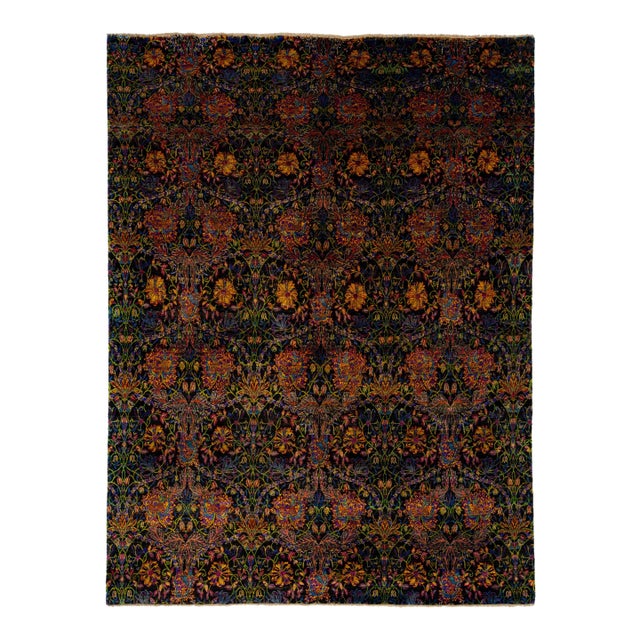Contemporary Room Size Sari Silk Rug With Multicolored Floral Design For Sale