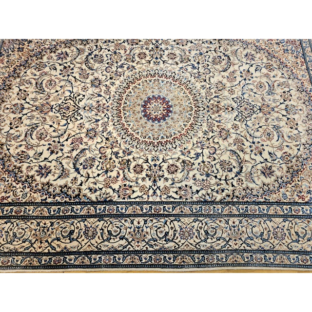 Ivory Vintage Exceptionally Fine Nain Habibian Area Rug, Hand-Knotted Wool & Silk, Floral Pattern, 6x10, Ivory & Blue For Sale - Image 8 of 9