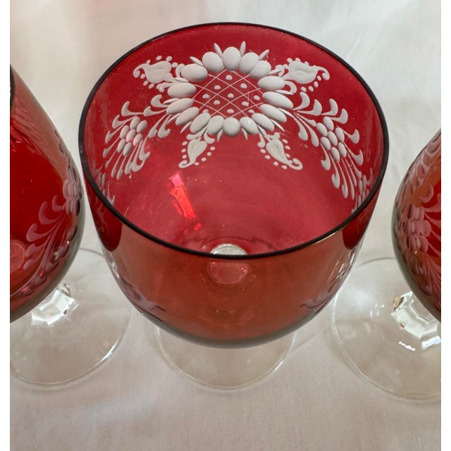 Glass Late 19th Century Bohemian Floral Etched Cranberry Iridescent Glass Goblets, Set of 6 For Sale - Image 7 of 12