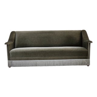 Vintage Danish Three-Seater Sofa in Green Furniture Velour and Beech Wood, 1970s For Sale