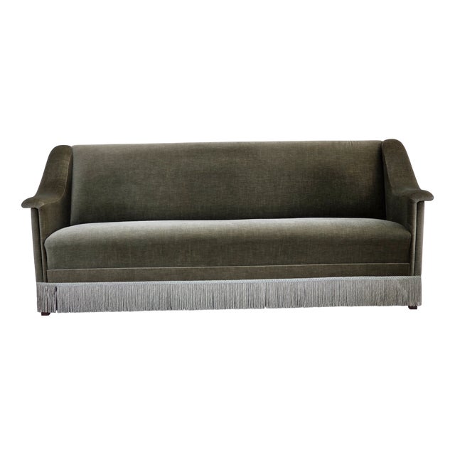 Vintage Danish Three-Seater Sofa in Green Furniture Velour and Beech Wood, 1970s For Sale