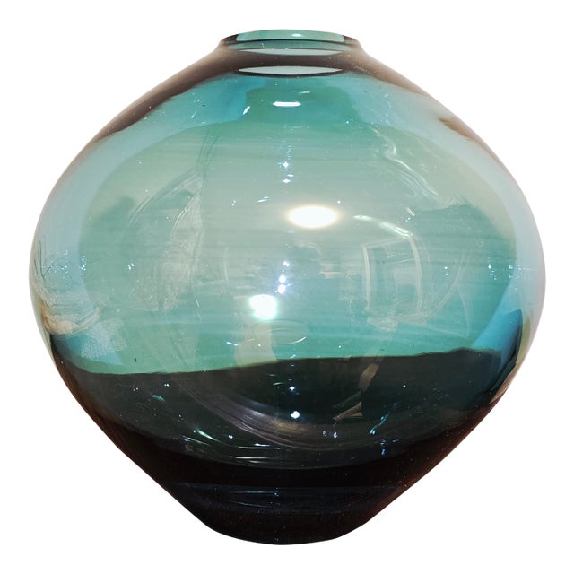 Contemporary Studio Glass Gradient Vase in Teal and Charcoal For Sale