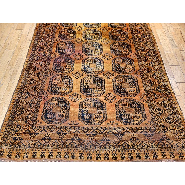 Vintage Afghan Ersari Rug, Hand-Knotted Wool, Allover Geometric Design, Camelhair & Navy, 9’ X 13’ For Sale - Image 9 of 16