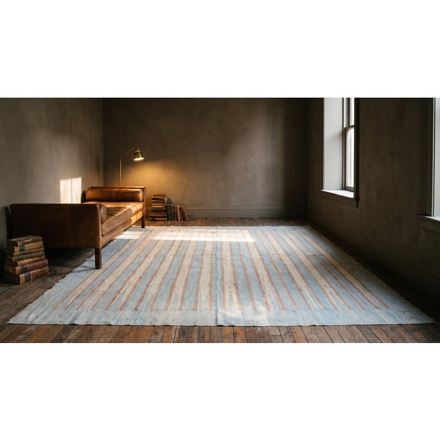 Splendid Sky Blue Ground Color & Narrow Horizontal Line Pattern Antique Indian Cotton Dhurrie Rug For Sale In New York - Image 6 of 7
