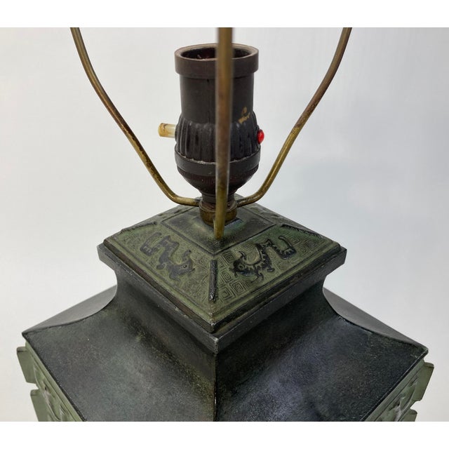 Verdigris Vintage Mid Century James Mont Chinese Archaic Style Verdigris Bronze Table Lamp For Sale - Image 8 of 8