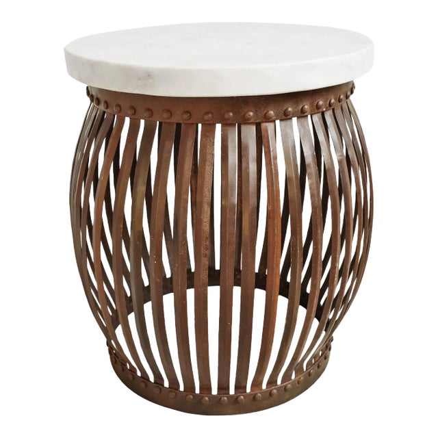 Vintage White Marble Iron Strap Barrel Side Table For Sale
