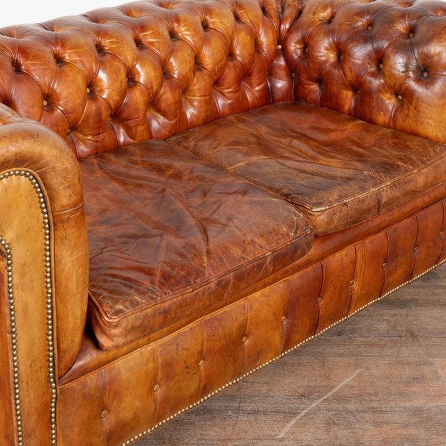Mid 20th Century Pair of French Brown Leather Chesterfield Two Seat Loveseat Sofas For Sale - Image 5 of 16