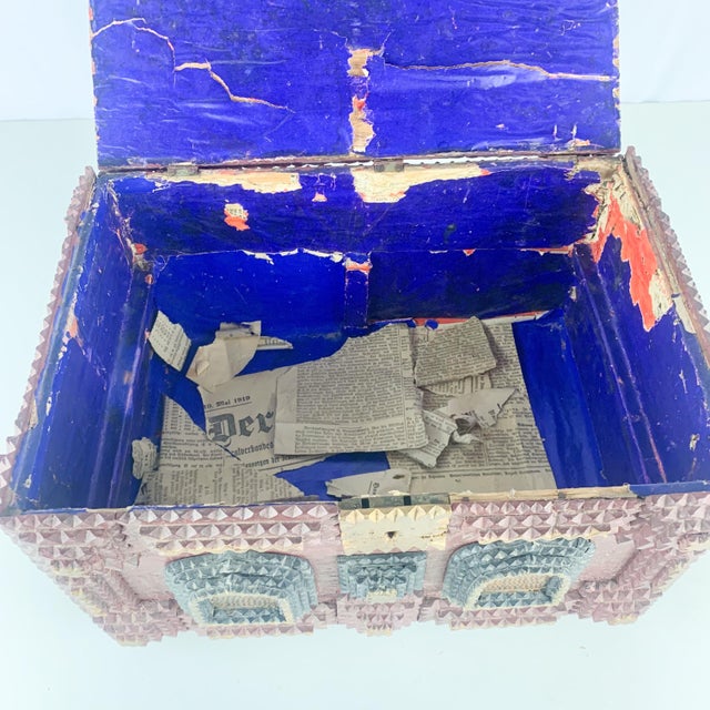Antique Tramp Art Box Chip Carved Original Paint Folk Art Jewelry Box C1919 For Sale - Image 4 of 11