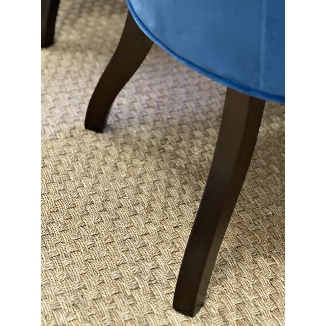 Wood Custom Pair of Wingback Chairs Upholstered in Toile De Nantes & Colefax & Fowler Velvet in Blue & White For Sale - Image 7 of 11