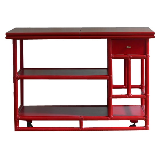 Bamboo Cart Server in China Red Lacquer by Lyda Levi for McGuire, San Francisco, 1970s For Sale