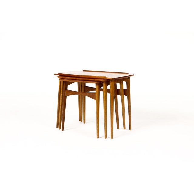 Mid-Century Modern Danish Modern Mid Century Vintage Teak + Oak Nesting Tables — Set of Three — Attributed to Svend Aage Madsen For Sale - Image 3 of 15