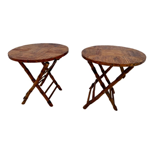 1970s Pair of Folding Bamboo and Rattan Round Side Tables For Sale