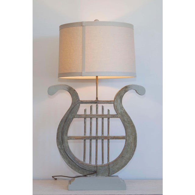 19th Century 19th Century French Gustavian Lyre Table Lamp in Distressed Wood with Shade For Sale - Image 5 of 9