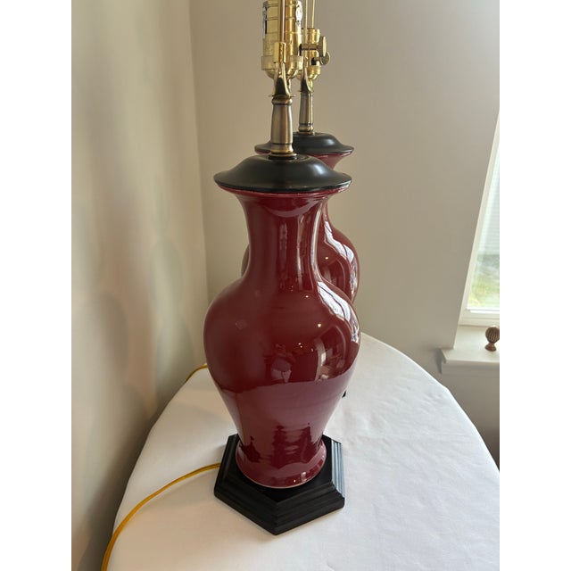 Vintage Oriental Accent Co. Sang De Boeuf / Oxblood Red Porcelain Baluster Table Lamps - a Pair For Sale - Image 6 of 12