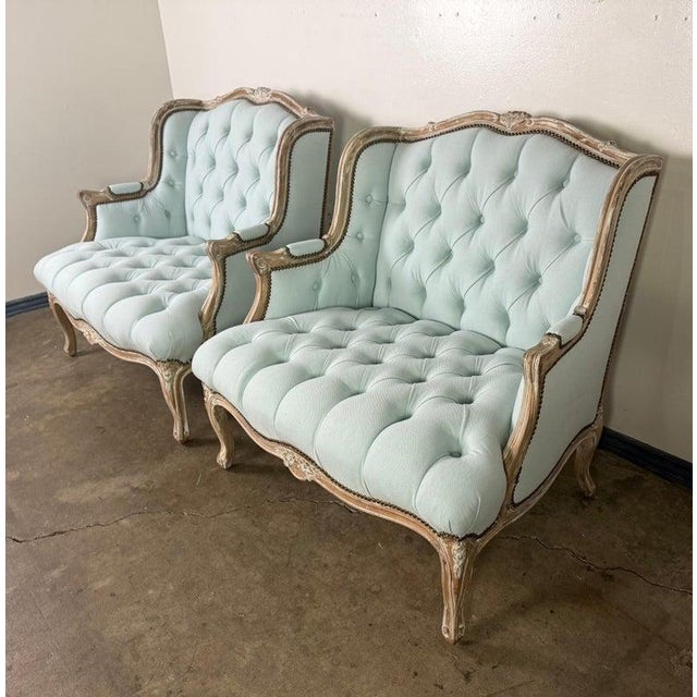 Pair of Louis XV Style French Bergères – Pale Blue Linen For Sale - Image 4 of 15