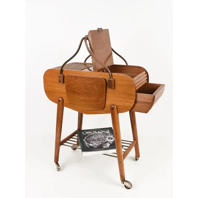 1940s Mid-Century Italian Walnut & Brass Work Table with Wheels, 1940s For Sale - Image 5 of 18