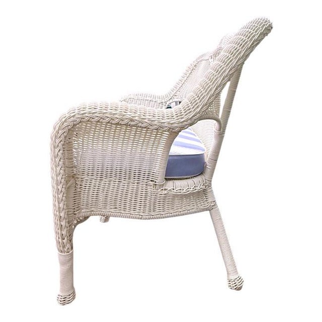 Blue Henry Link Vintage White Wicker Outdoor Settee With Blue Stripe Cushion For Sale - Image 8 of 8