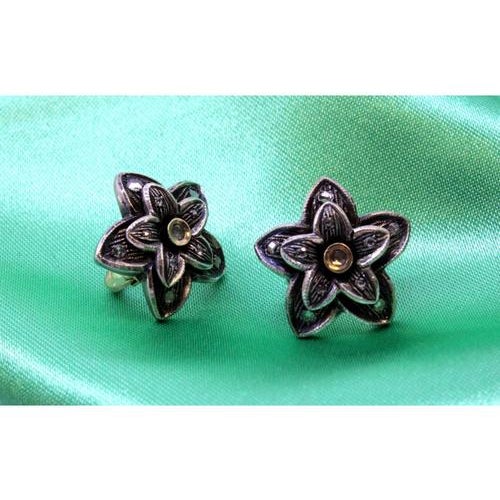 Metal Gold and Silver Flower-Shaped Earrings with Zirconia and Diamond Chips, Set of 2 For Sale - Image 7 of 8