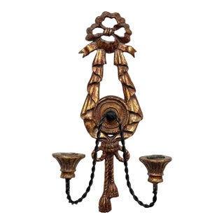 Vintage Ribbon and Tassel Motif Gilt Wood and Twist Iron Wall Candle Sconce For Sale