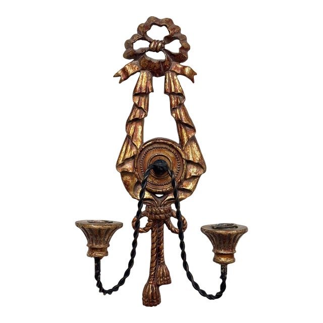 Vintage Ribbon and Tassel Motif Gilt Wood and Twist Iron Wall Candle Sconce For Sale