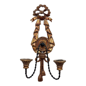 Vintage Ribbon and Tassel Motif Gilt Wood and Twist Iron Wall Candle Sconce