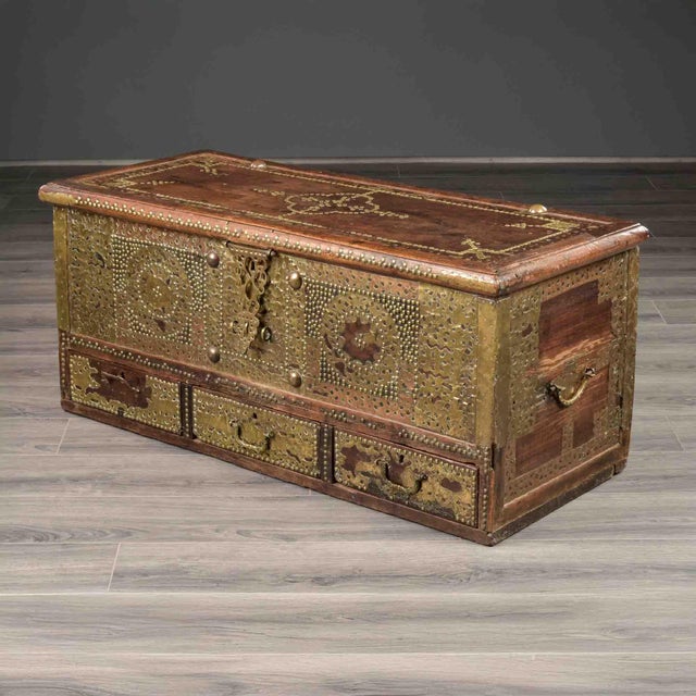 19th Century Brass-Clad Trunk With Three Base Drawers For Sale In Detroit - Image 6 of 12