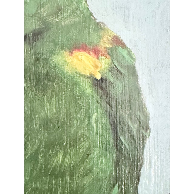 Oil Painting on Board Two Parrots on Branch in Green Lacquered Frame For Sale In Savannah - Image 6 of 13