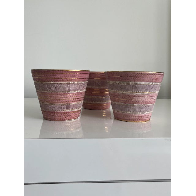 Vintage Mid Century Bitossi Small Pink and Gold Sgraffito Planters - Set of 3 Made in Italy Pink, lilac, white and gold...