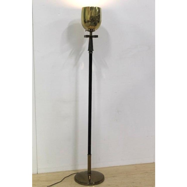 The greek key detailing on a bright brass chalice torchiere floor lamp. Black pole. 1940’s early mid century design...