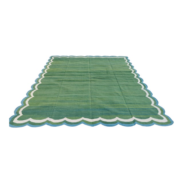 Not Yet Made - Made To Order Handmade Cotton Reversible Scalloped Edge Rug Forest Green With Cream and Teal Blue Border - 9'x12' For Sale - Image 9 of 11